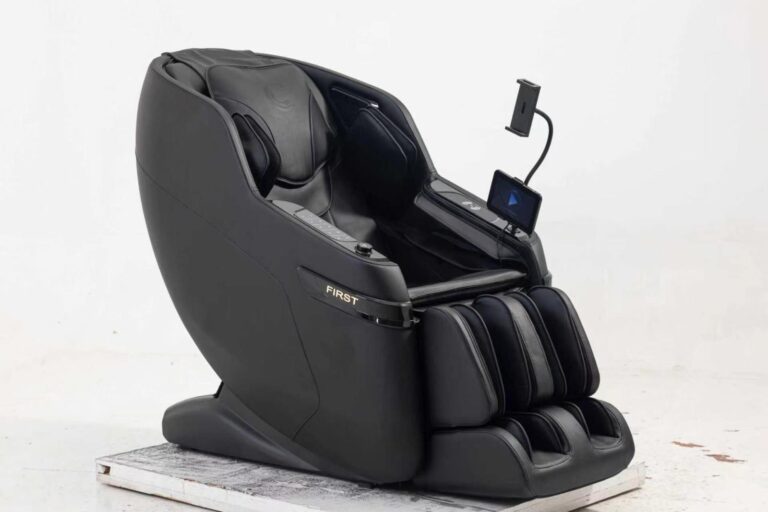 Chilink First massage chair — three-quarter angled view with tablet controller